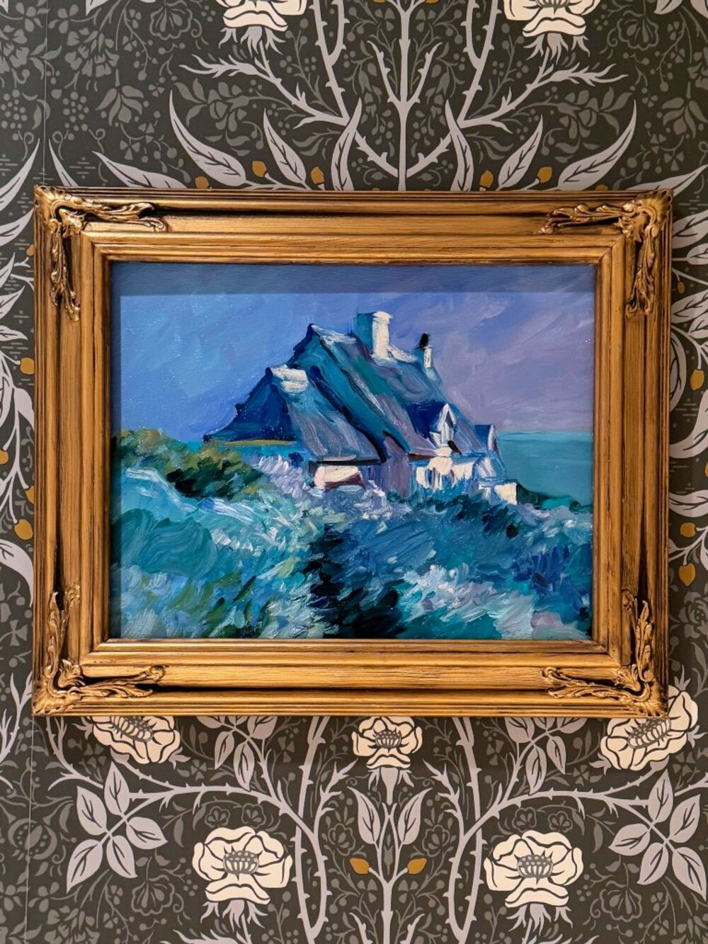 Seaside Cottage" Original Impressionist Oil Painting on Canvas Board Gold Frame